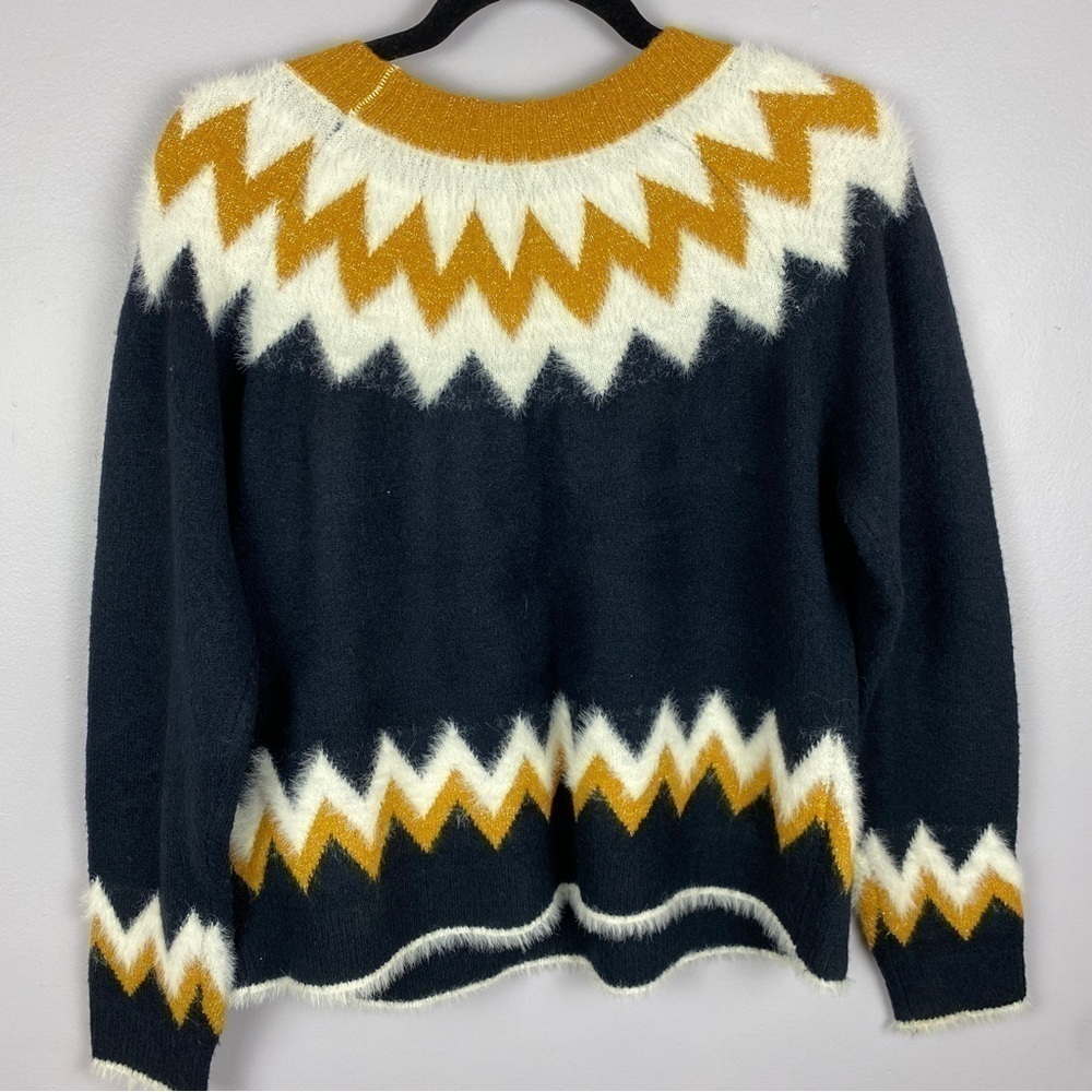 Silverflint Fairisle Soft Cozy Crew Neck Knit Sweater Medium Navy Mustard Yellow - Picture 8 of 12